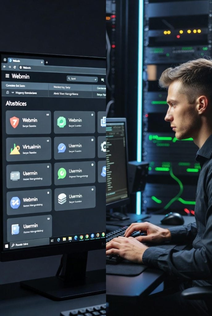 Modern server management interface showing Webmin alternatives options on screen, developer coding in data center environment.