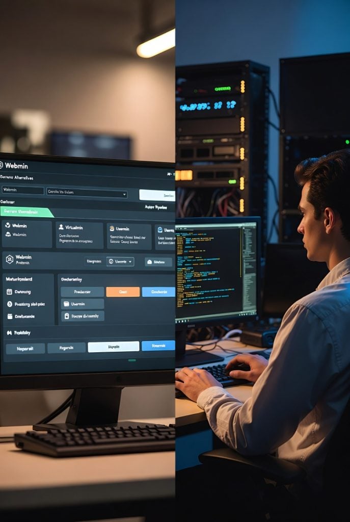 Split-screen view: Webmin alternatives control panel dashboard on left, server admin working at computer with data center racks on right.