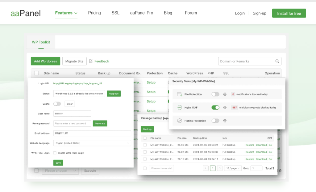 aaPanel WordPress Toolkit for one click installation.