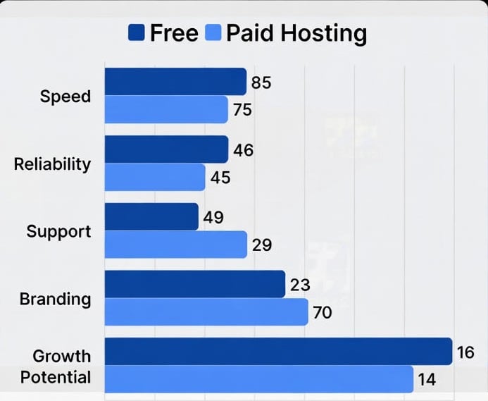 Bar chart comparing free vs paid website hosting on speed, reliability, support, branding, and growth potential – showing why paid hosting wins for serious sites.