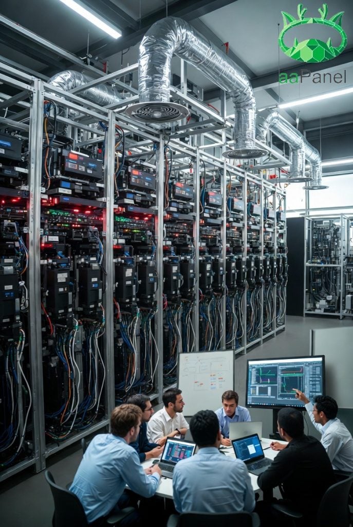 High-density server racks housing Virtual Dedicated Server instances in a professional data center with advanced cooling systems.