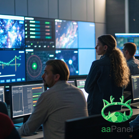 Team of engineers monitoring next-gen hosting control panels on large multi-screen dashboards in a high-tech server room.