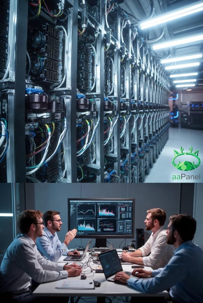 Developer team managing a Virtual Dedicated Server project with server management software on large screens in a tech office.