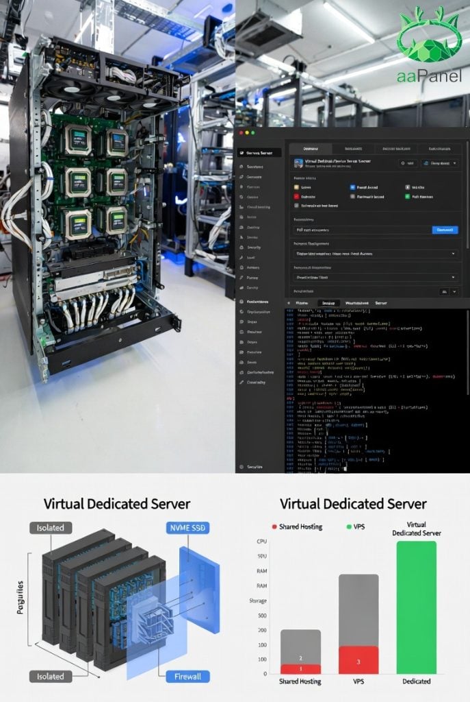 irtual Dedicated Server vs shared hosting and VPS comparison chart showing isolated resources, CPU, RAM, and firewall protection.