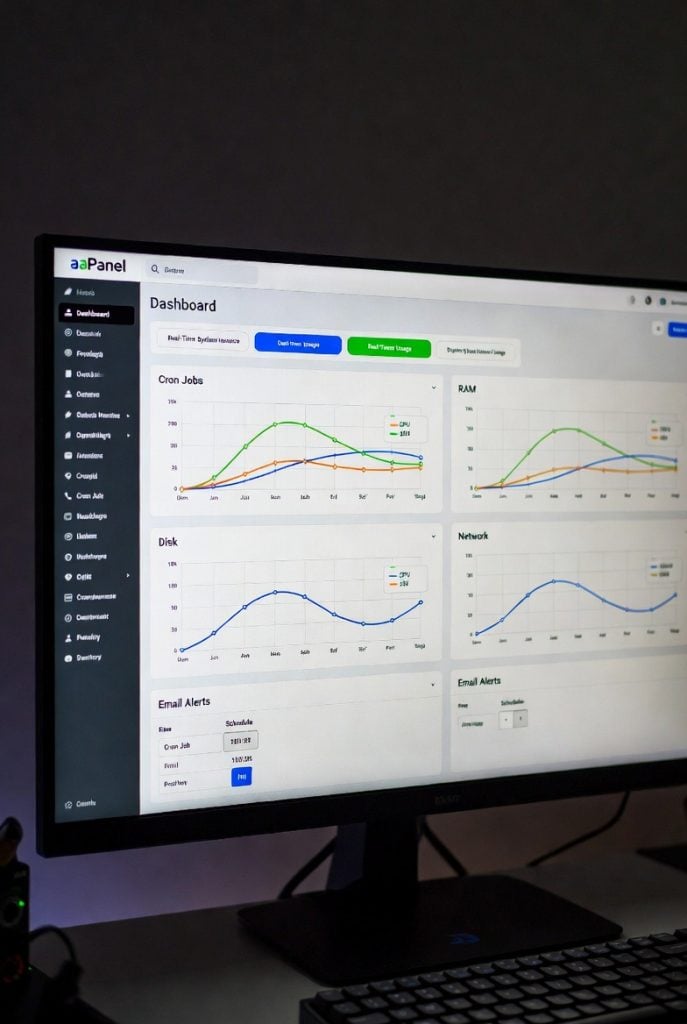 aaPanel server health monitoring with CPU, RAM, disk usage graphs, cron jobs, and email alerts for maintaining WooCommerce store performance.