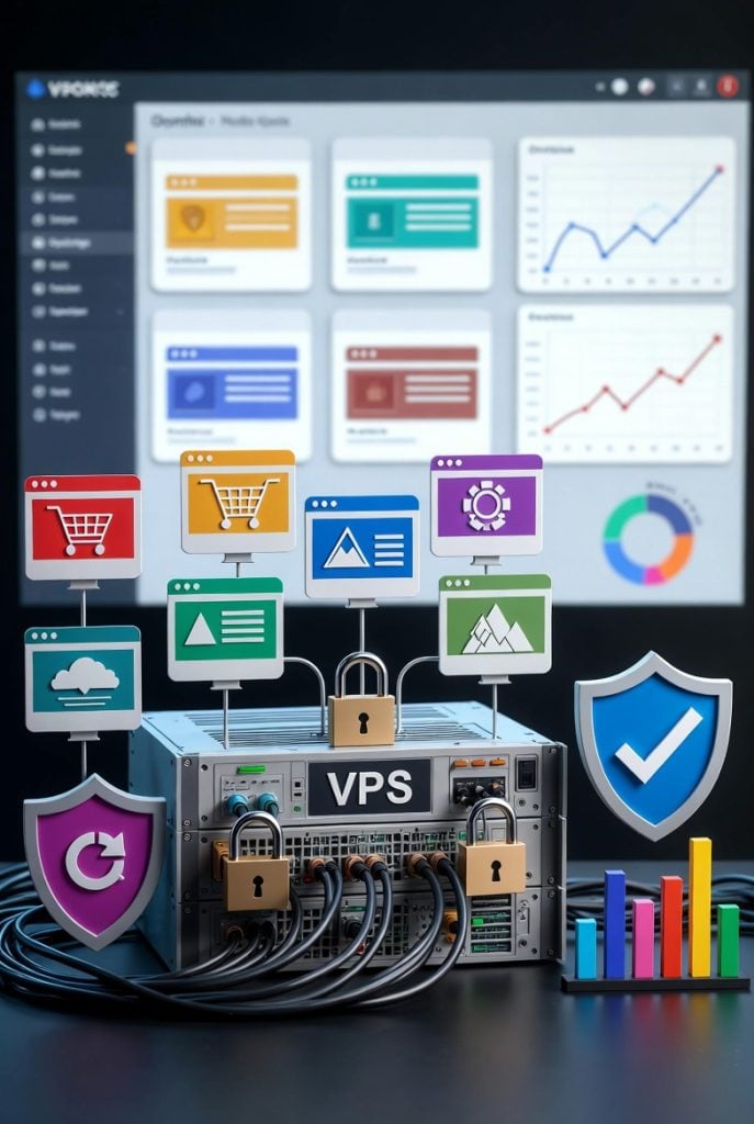 VPS server rack with website isolation diagram and control panel dashboard showing performance monitoring for managing multiple websites.