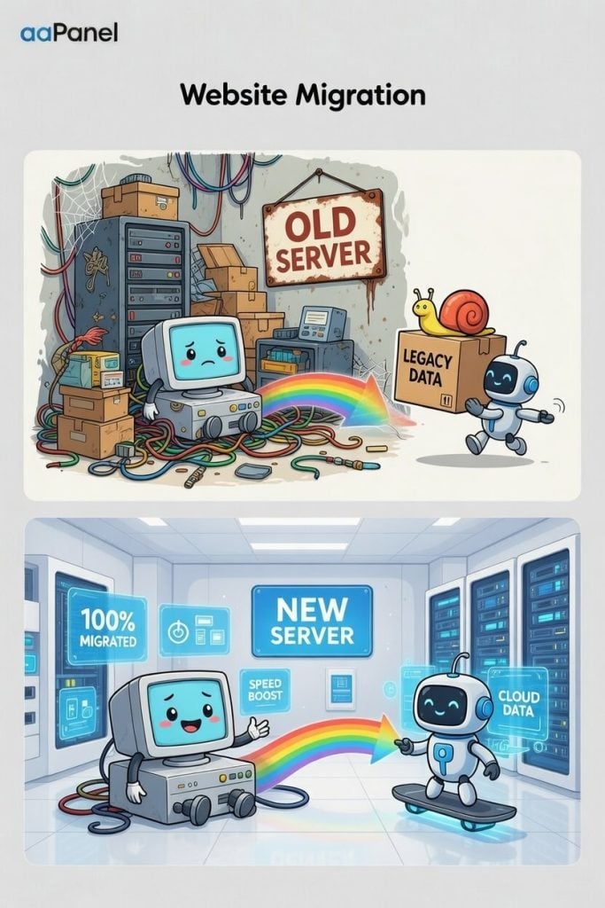 Website migration from slow old server with snail and legacy data to fast new aaPanel server via rainbow bridge with happy tech characters