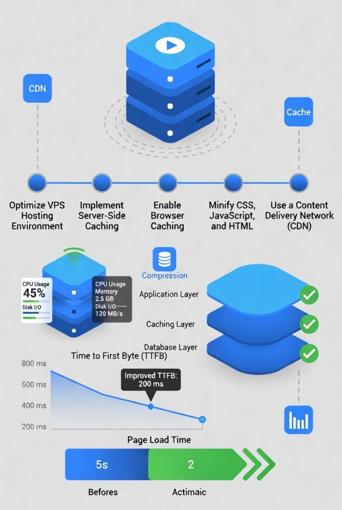 Modern illustration showing how to reduce TTFB on VPS hosting with speed optimization icons, server dashboard, caching layers, and performance graphs for faster website loading.