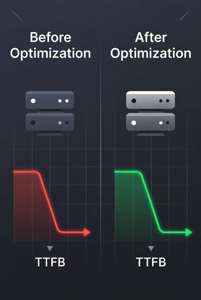 Before and after comparison graphic demonstrating how to reduce TTFB on VPS hosting, showing slow server response turning into fast loading times with optimization techniques