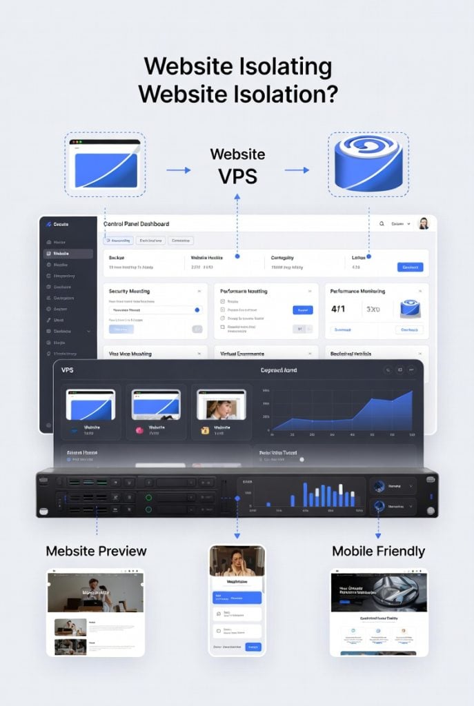 Mobile-friendly website hosting control panel dashboard displaying multiple site previews, performance metrics, and isolation for VPS multi-website management