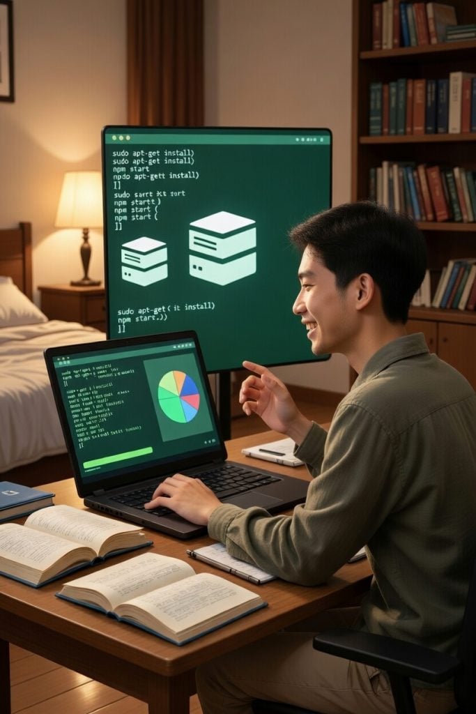 High school student beginning server management journey on laptop with Linux terminal.
