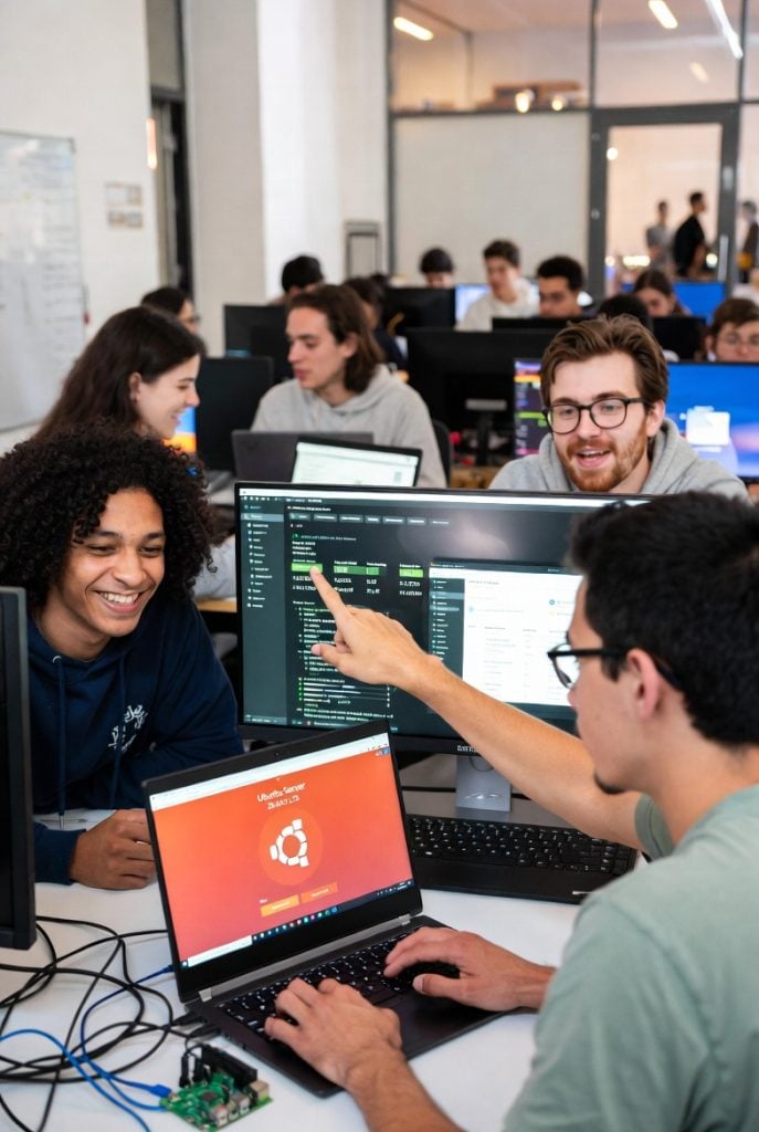 University students learning server management hands-on with web servers and cloud.