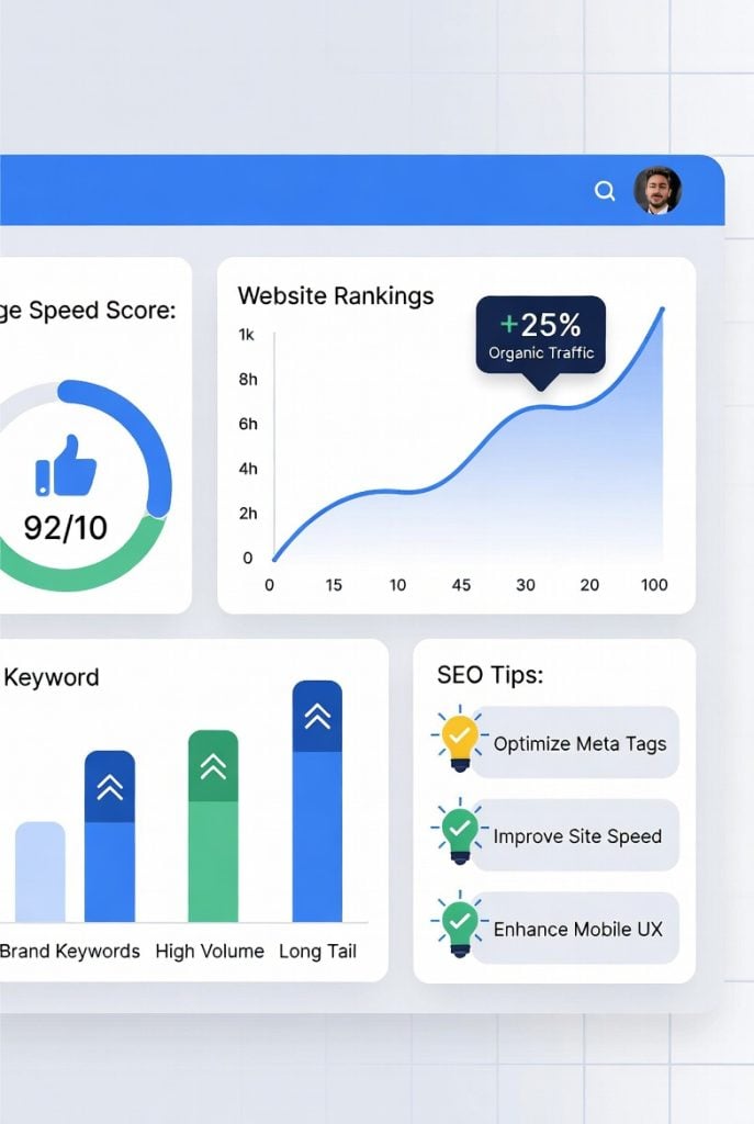 Modern illustration showing SEO optimization tips for website owners with SEO dashboard, performance metrics, ranking charts, and optimization icons.