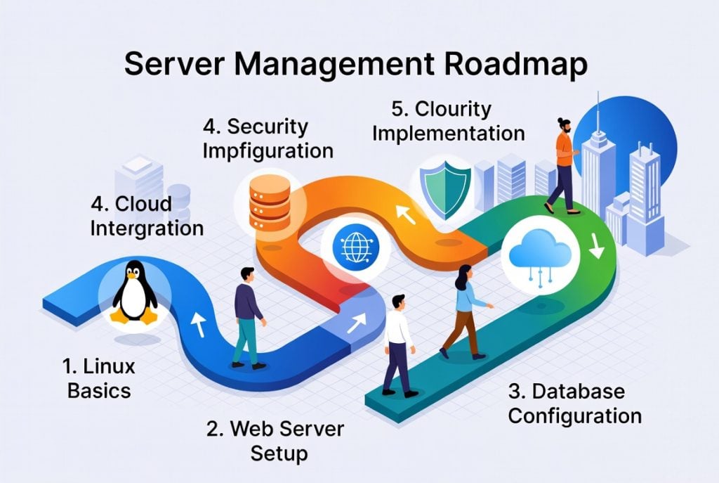 Server management for high school and university students complete beginner roadmap illustration.