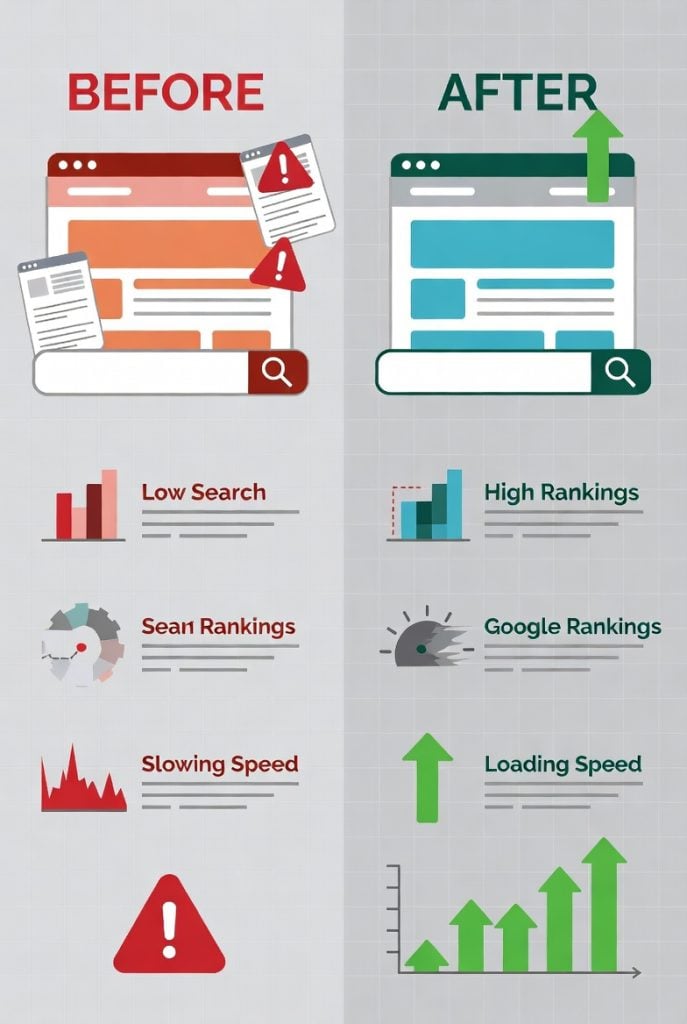 Before and after comparison showing poor SEO vs optimized website with better rankings, faster loading, and increased traffic for website owners.