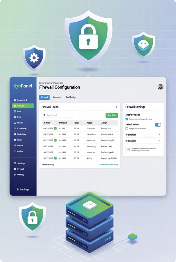 Modern technical illustration of aaPanel Firewall Configuration showing secure server protection with shield icons, port rules, firewall dashboard, and locked VPS hosting.
