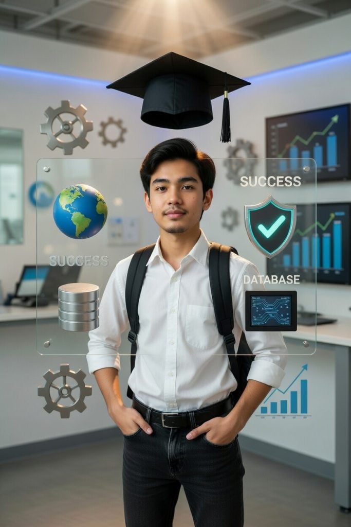 Confident student achieving success after learning server management for high school and university students.