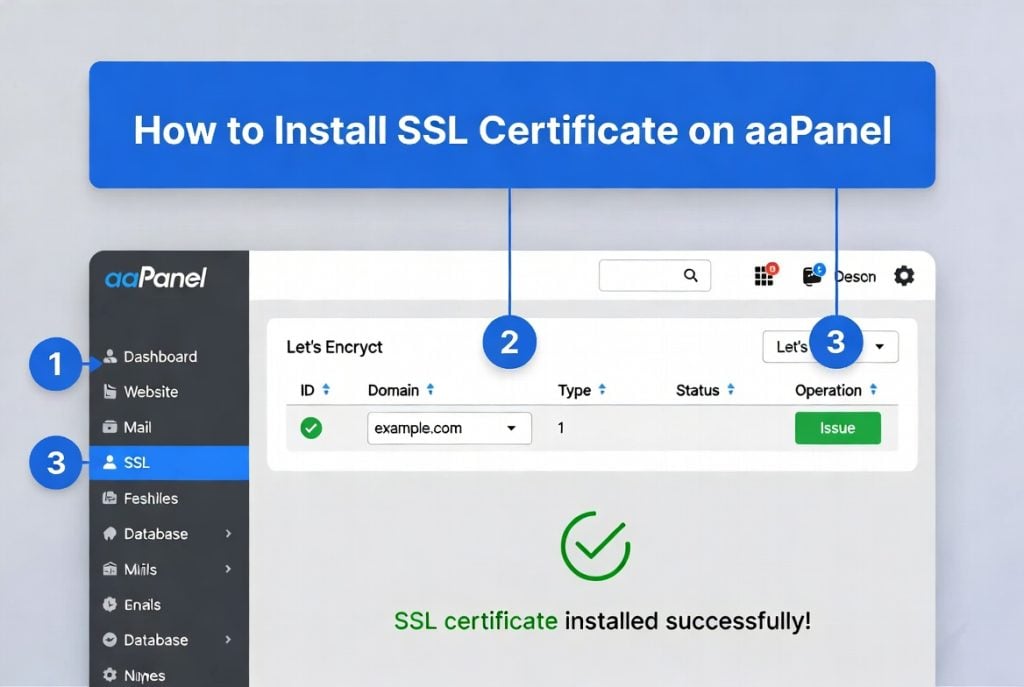 Step by step guide showing how to install SSL certificate on aaPanel.