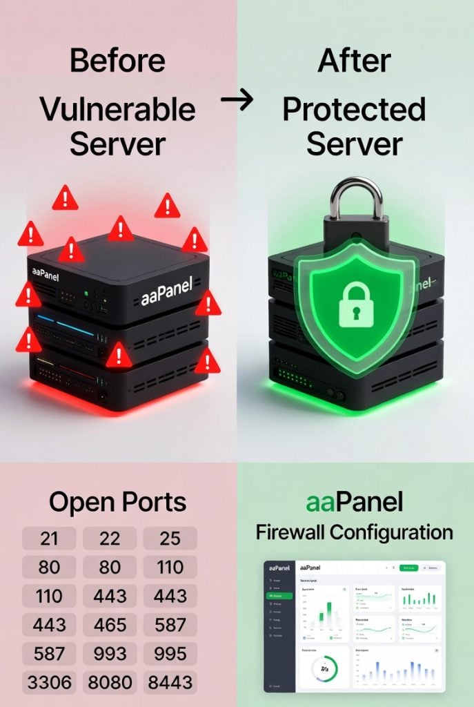 Before and after comparison showing insecure server vs secure aaPanel Firewall Configuration with protection layers, blocked threats, and safe control panel.
