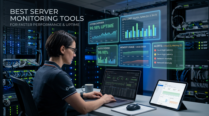 Server monitoring room with uptime dashboards and monitoring screens.
