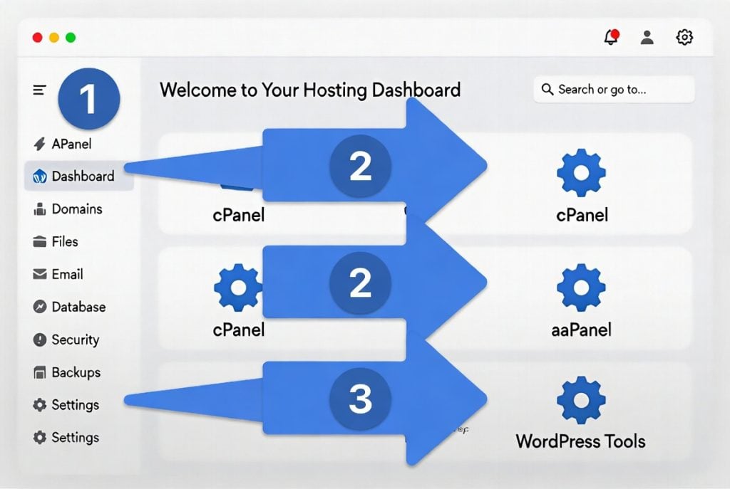 Step by step visual guide showing where is WordPress hosting control panel in hosting dashboards.