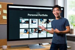 Beginner web developer showing his first professional portfolio website on screen.