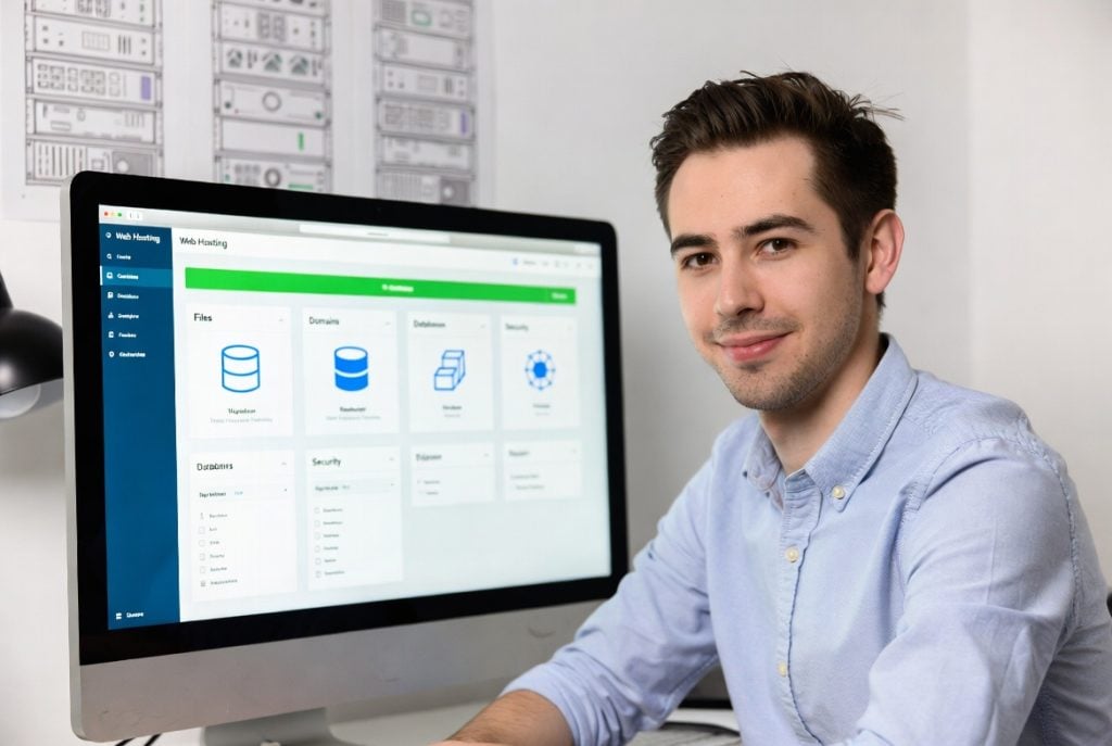 Beginner using web hosting control panel dashboard on computer screen.