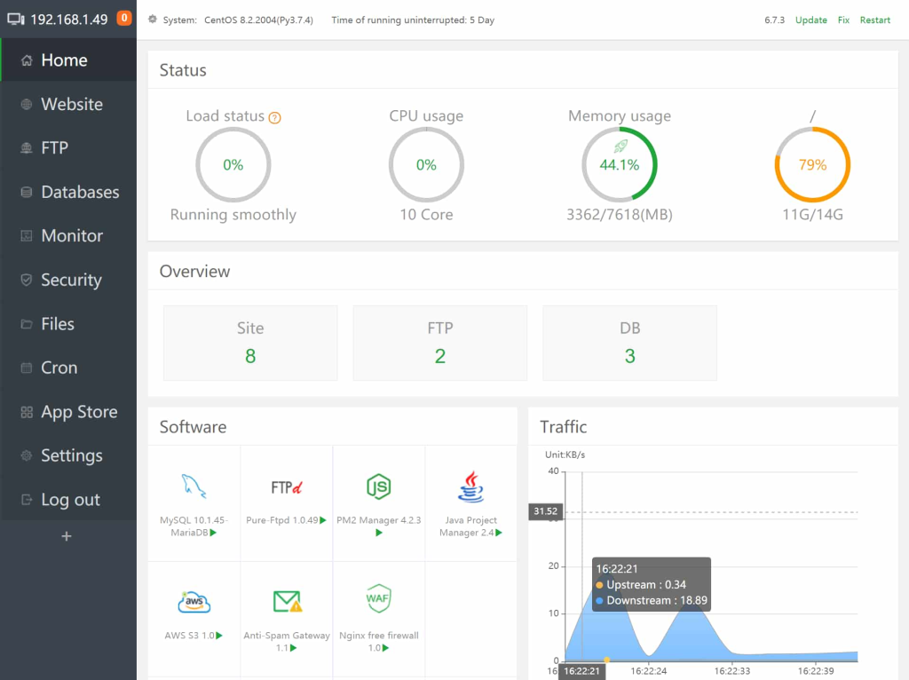 aaPanel dashboard in 2026/