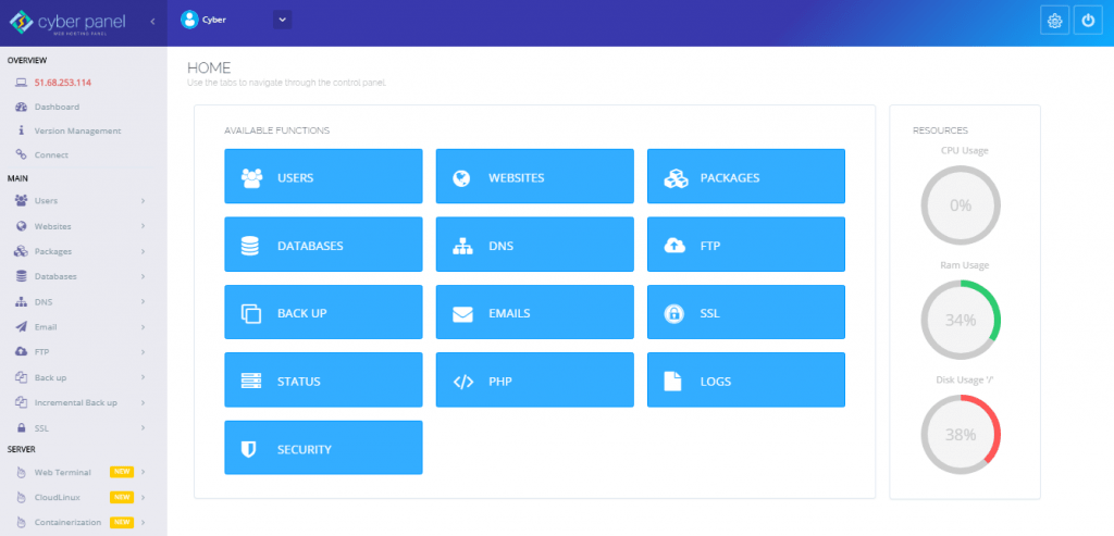 Cyberpanel dashboard 2026