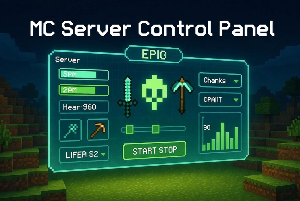 Minecraft themed server control panel dashboard with glowing interface and performance stats.