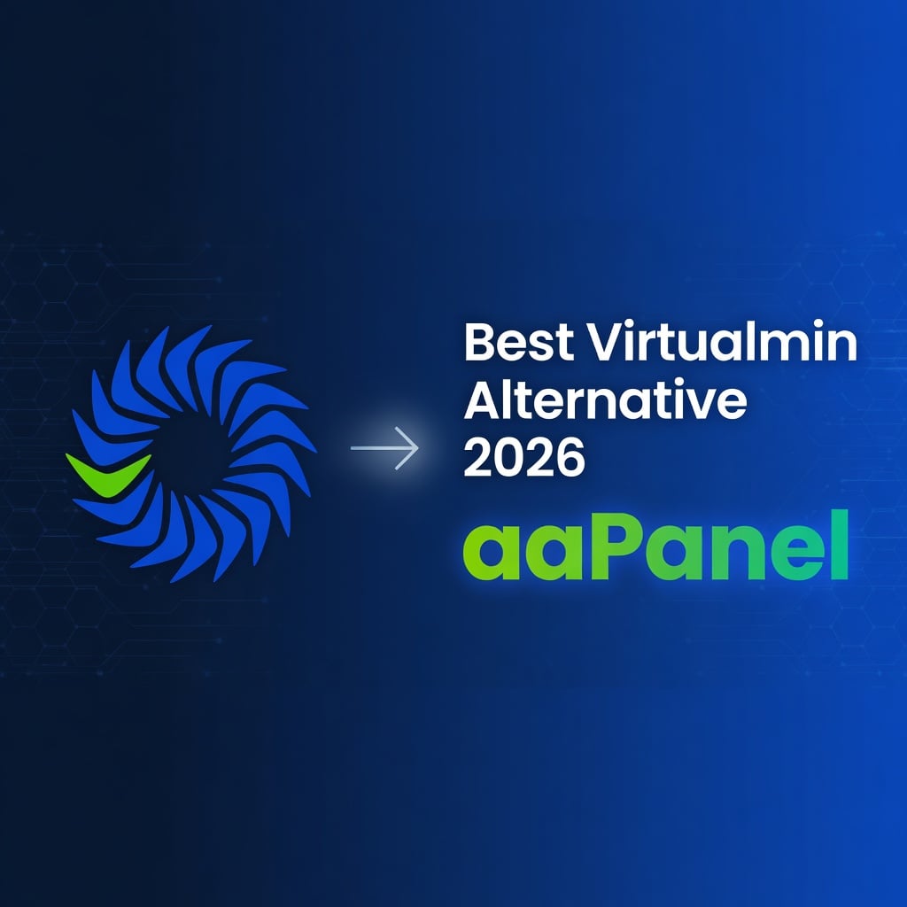 Best Virtualmin Alternative 2026 showing Virtualmin logo switching to aaPanel - the best lightweight Virtualmin (Webmin) Alternative.
