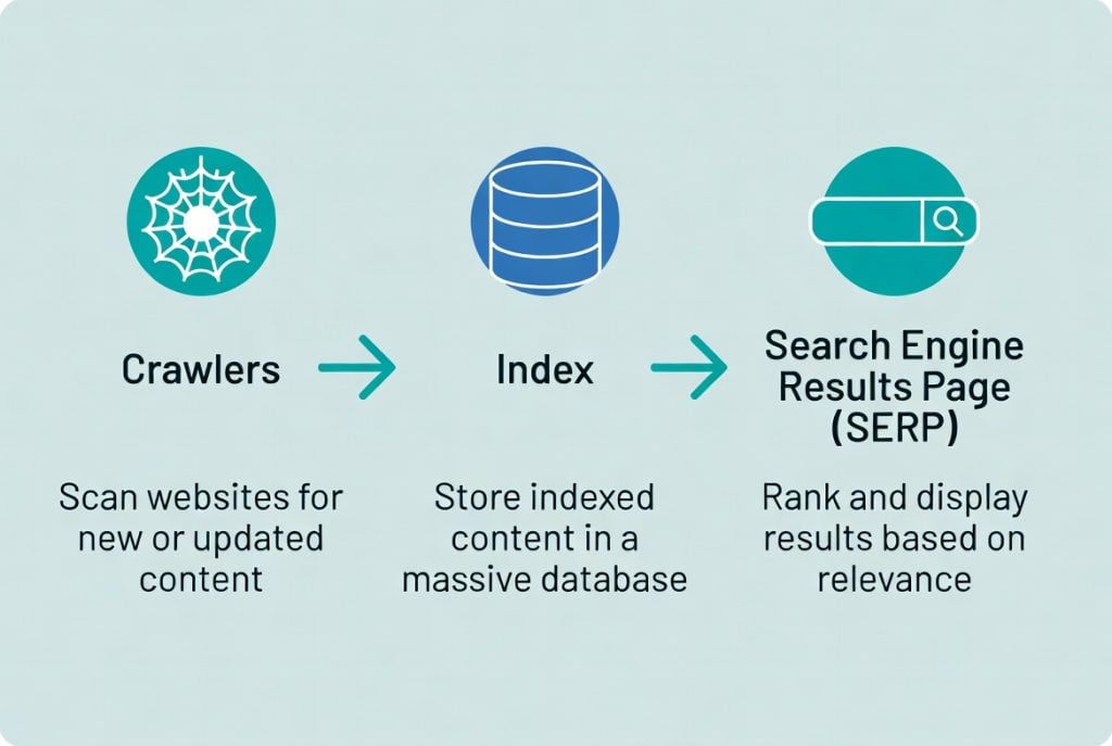 Illustration explaining how search engines crawl, index and rank websites.