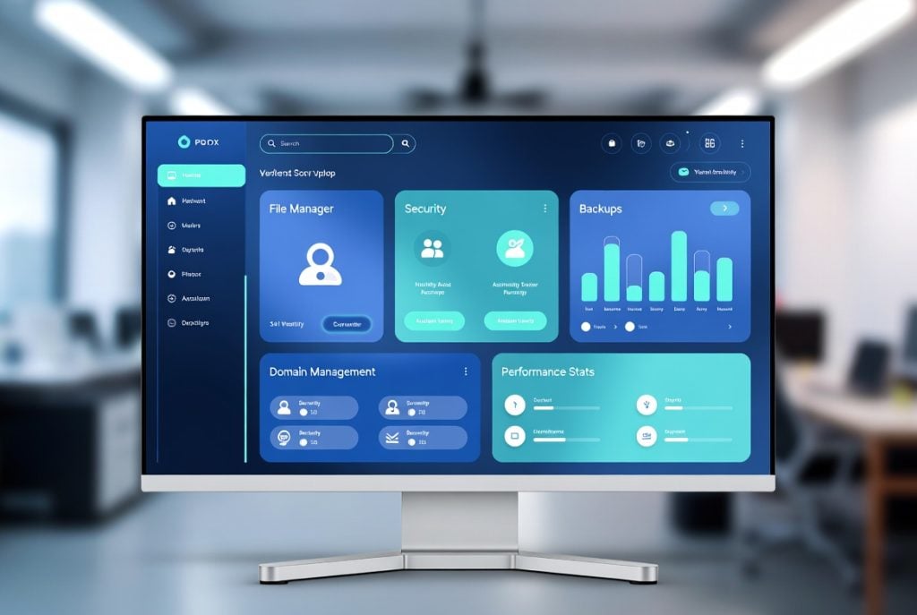 Modern website control panel dashboard showing key management features