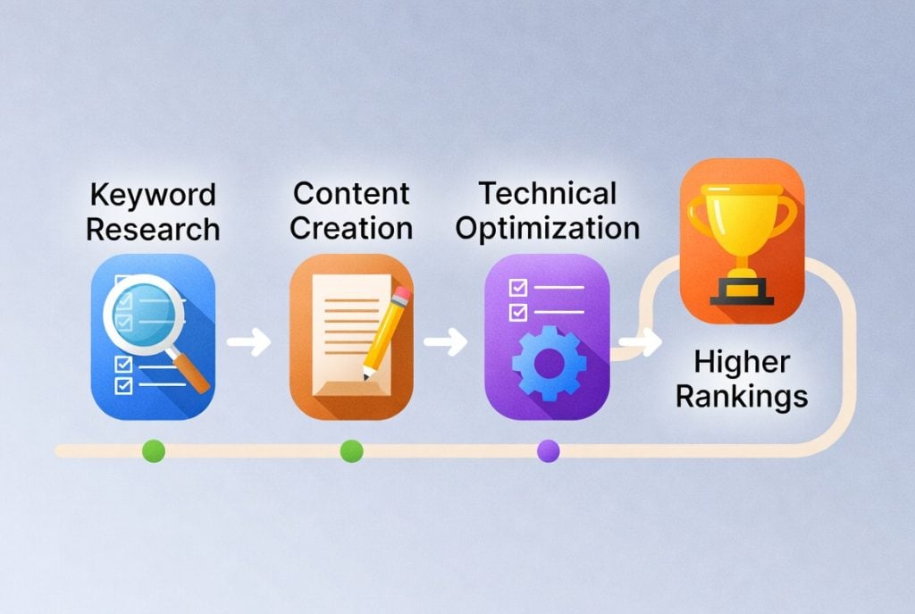 SEO roadmap showing steps to improve search engine rankings.