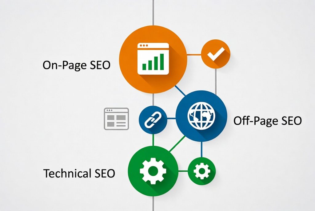 Breakdown of On-Page, Off-Page and Technical SEO types.