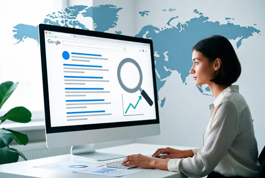 Professional viewing high ranking website on Google search results for SEO guide.