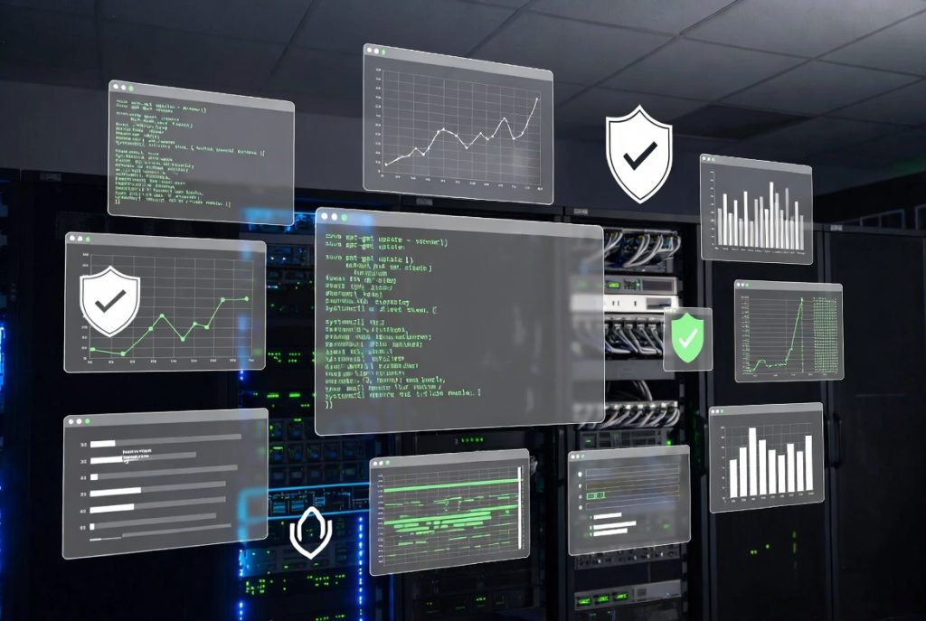 Linux server management dashboard and server room overview