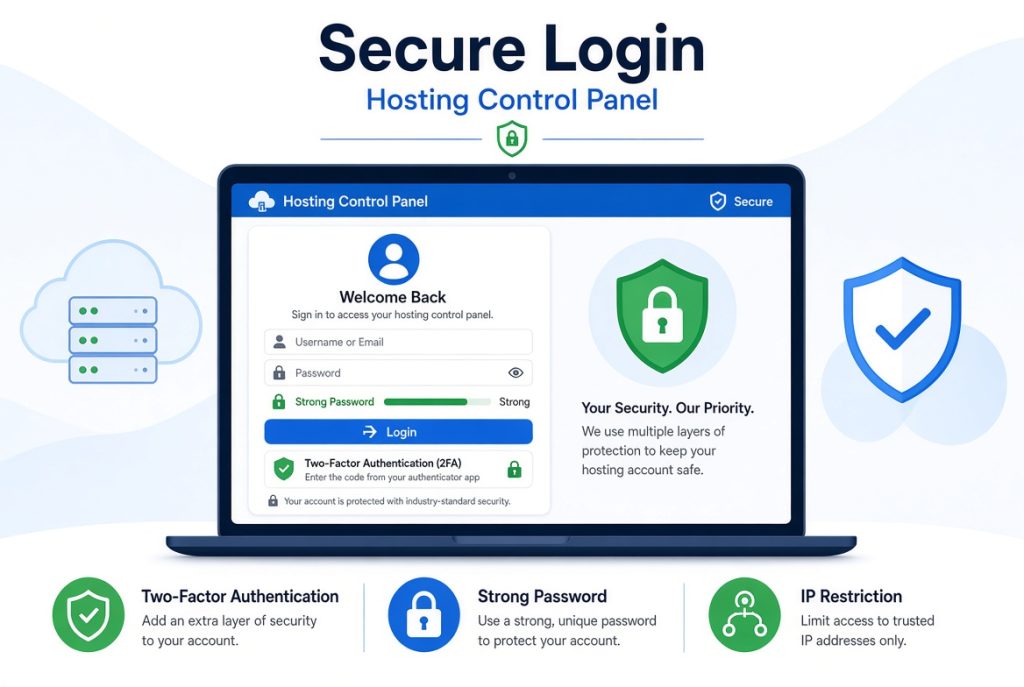 Secure login and two factor authentication for hosting control panels