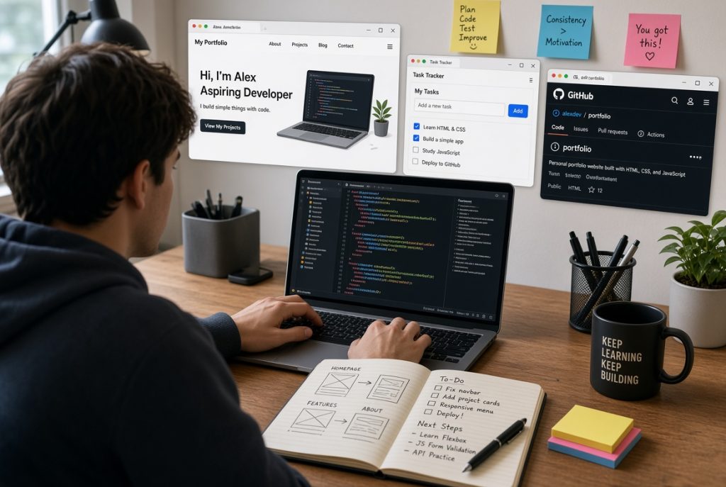 Building real coding projects while learning to code for free