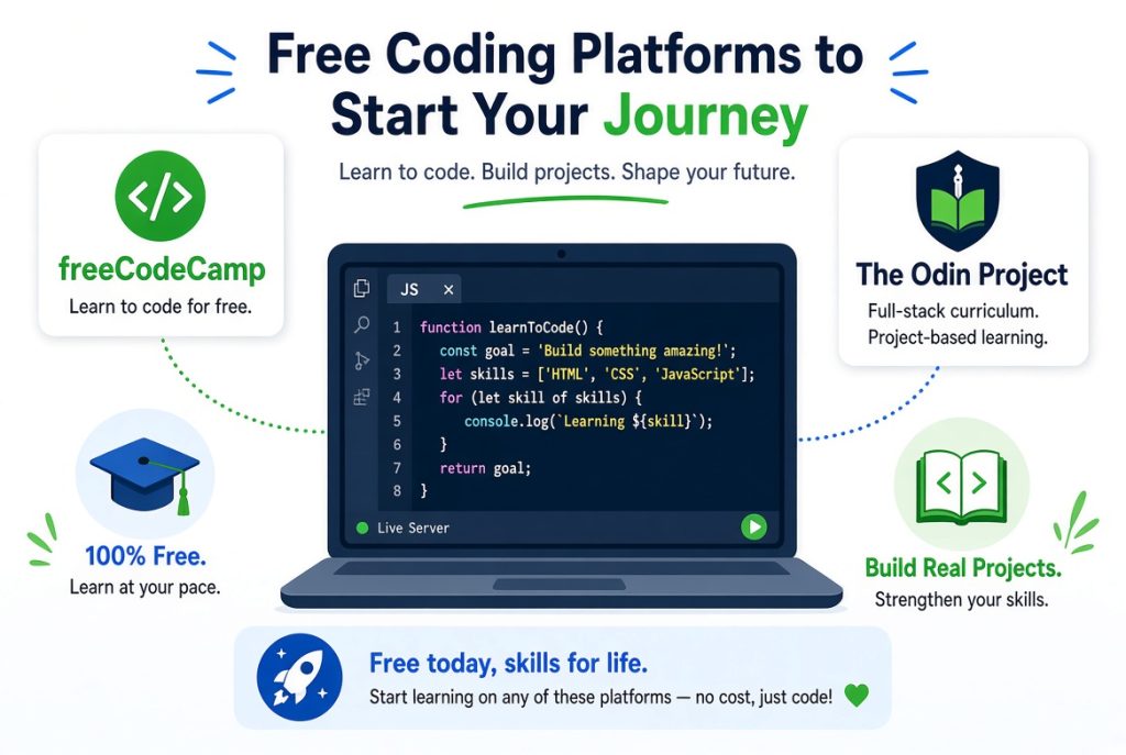 Best free platforms to learn coding for free including freeCodeCamp