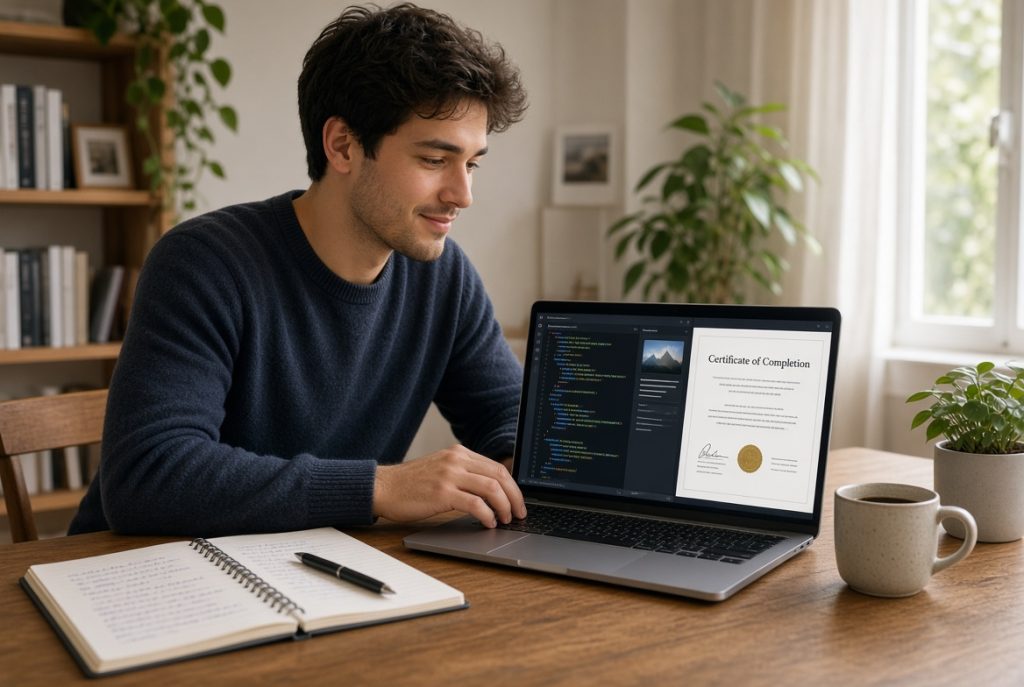 Student taking free tech courses online with certificates on a laptop