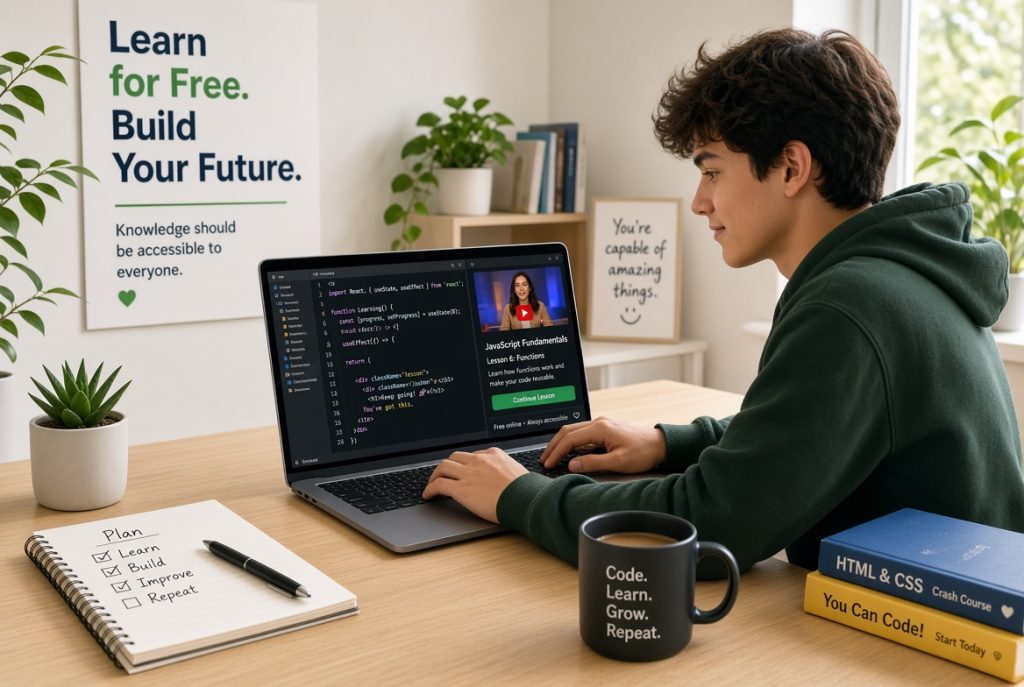 Learn coding for free with online tutorials and a laptop setup