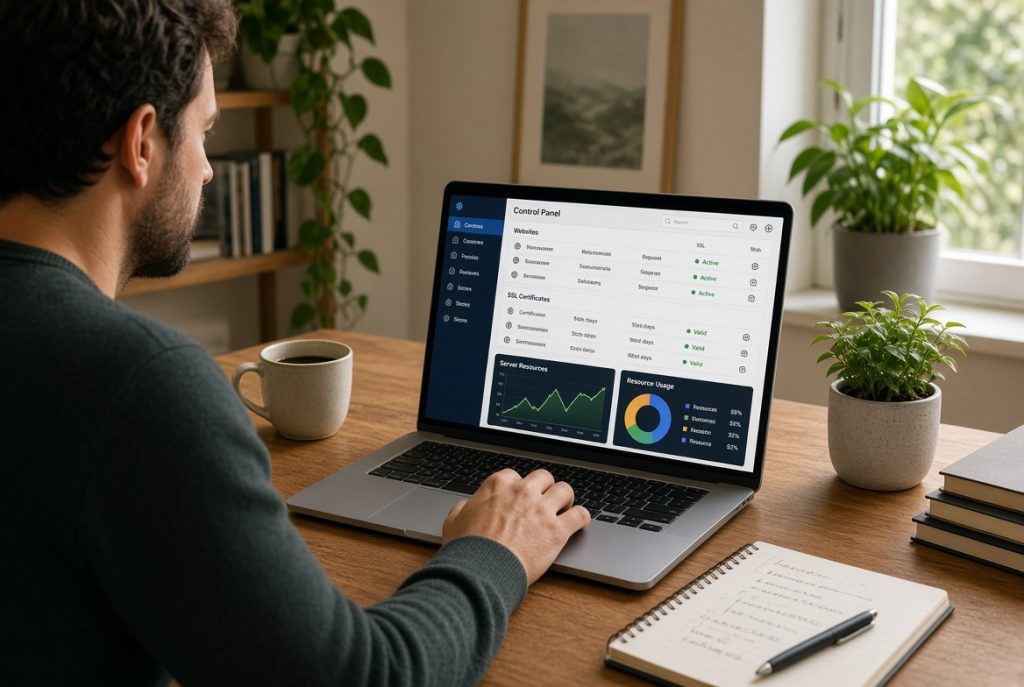 Developer using a self hosted control panel to manage personal web projects
