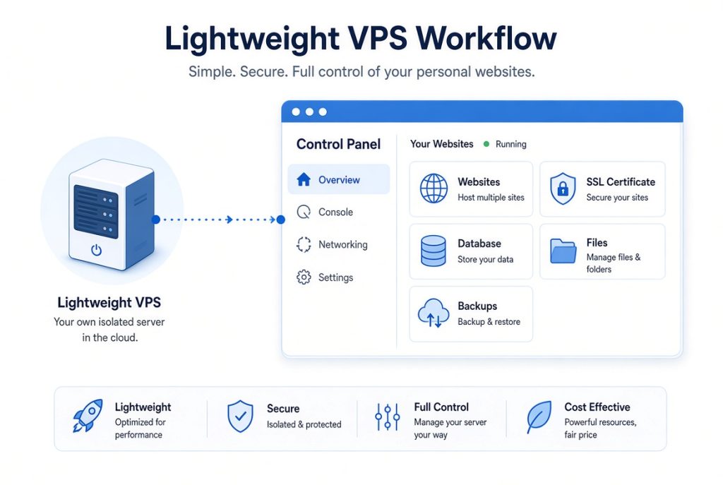 Small VPS workflow with a self hosted control panel for sites and backups