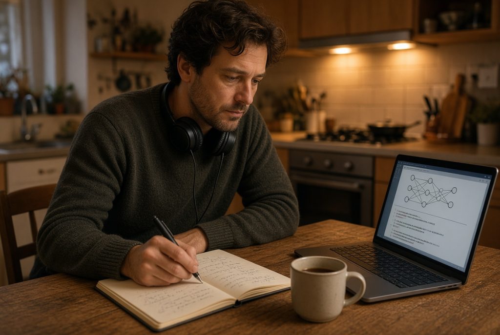 Career switcher studies a machine learning lesson at a kitchen table after work