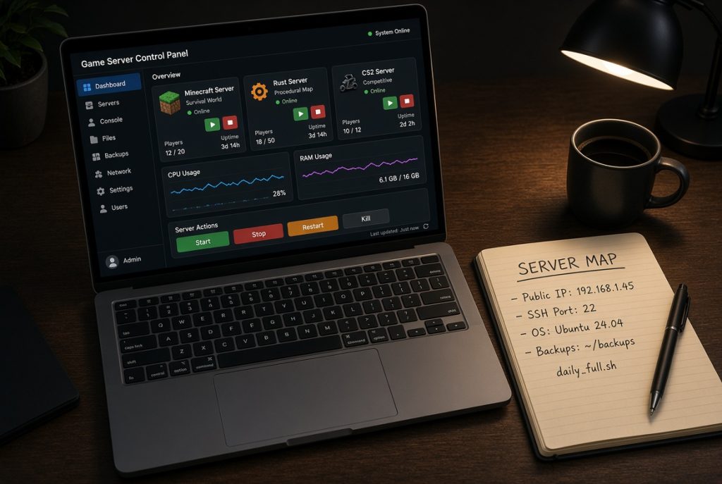 Linux VPS desk with a game server panel on a laptop and handwritten IP and SSH notes