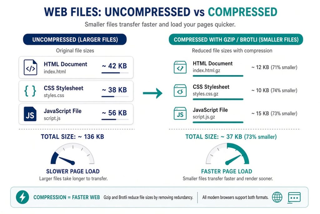 Gzip and Brotli compression shrinking page files for faster SEO loading
