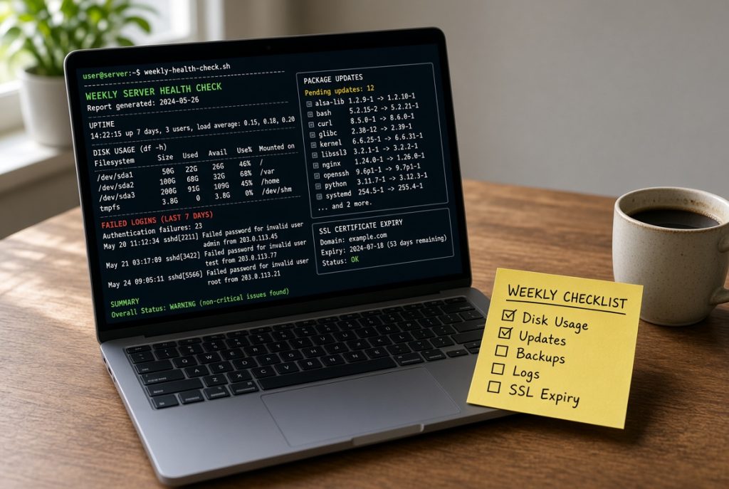 Laptop terminal and a handwritten server map with IP, SSH, and backup notes