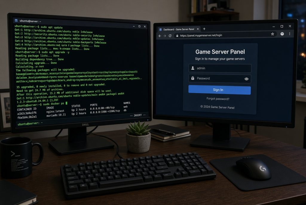 Admin comparing three game server panel dashboards on a wide ultrawide monitor