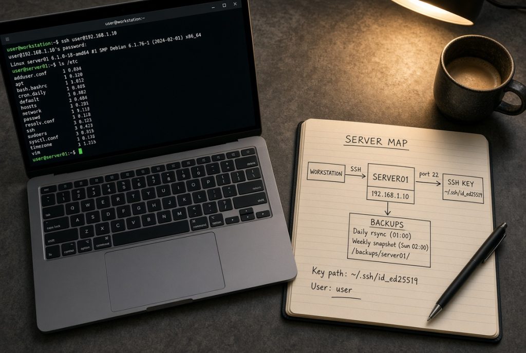 Weekly Linux server check on a laptop beside a sticky note